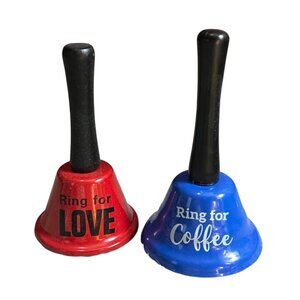 Set Of 2 Handheld Bells "Ring For Love" & "Ring For Coffee" Red & Blue Metal Wit